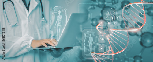 Tablou pe pânză Digital healthcare innovation blends AI and genomics as a doctor uses a laptop displaying a smart DNA interface with virtual diagnostics, symbolizing precision medicine and bioinformatics analysis