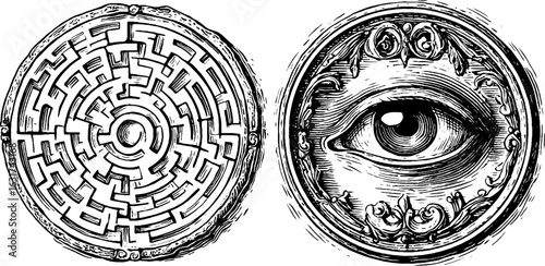 Intricate engraved illustration of labyrinth and eye circle in vintage style for design projects