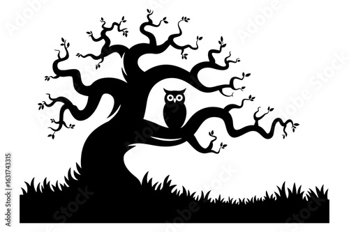 Silhouette of a gnarled tree with an owl perched on a branch against a white background scene