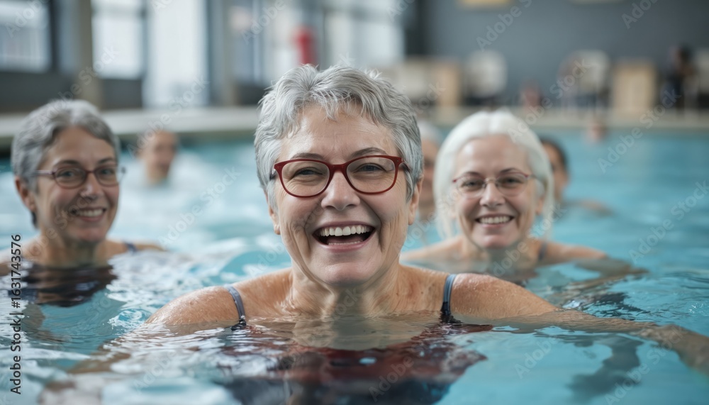 Fototapeta premium Three smiling senior women enjoy swimming class in indoor pool. Active retired friends participate water aerobics, promoting health and well-being. They embody joyful, healthy lifestyle.
