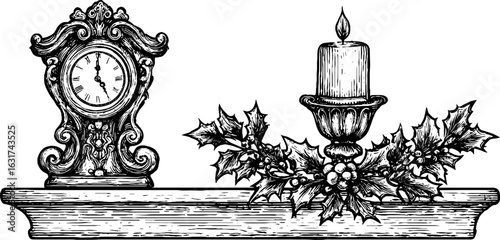 Vintage engraved illustration set of mantel clock and candle holder with holly for christmas decor