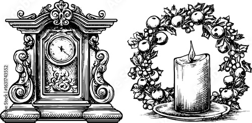 Vintage engraved mantel clock and candle with wreath set for retro decor design
