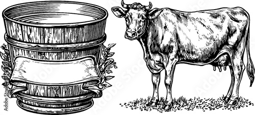Vintage farm life illustration featuring milkmaid and pail for retro design use