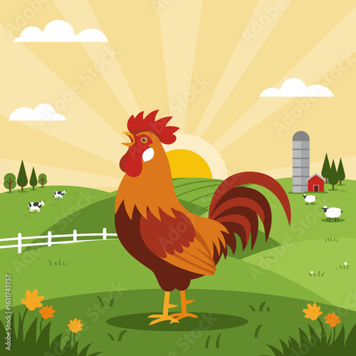 Colorful rooster crowing at sunrise on a vibrant farm with rolling hills and livestock