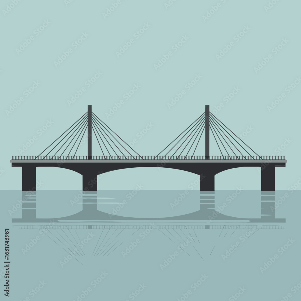 Fototapeta premium Modern suspension bridge over calm water with minimalistic background scenery