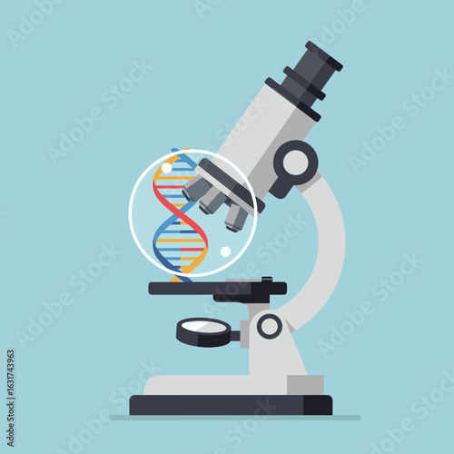 Microscope focusing on DNA strand within a glass sphere, symbolizing scientific research