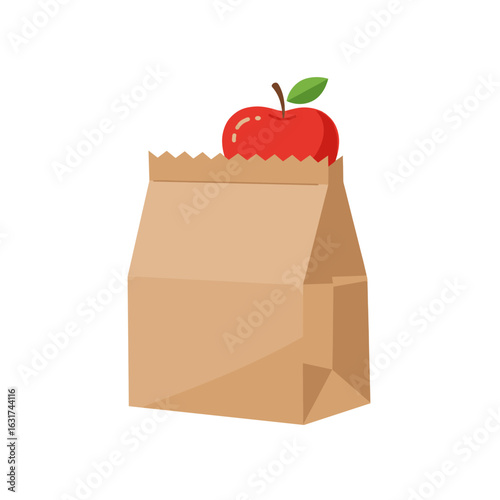 A fresh red apple resting atop a brown paper bag, symbolizing healthy eating