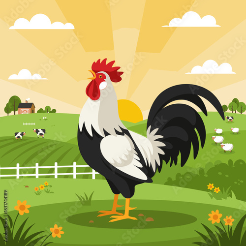 Colorful rooster crowing at sunrise over a farm with cows and sheep grazing