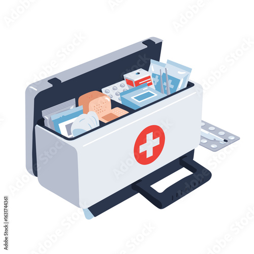 Open first aid kit filled with medical supplies, set against a clean white background