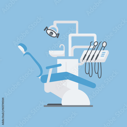 Modern dental office setup with examination chair, tools, and bright blue background