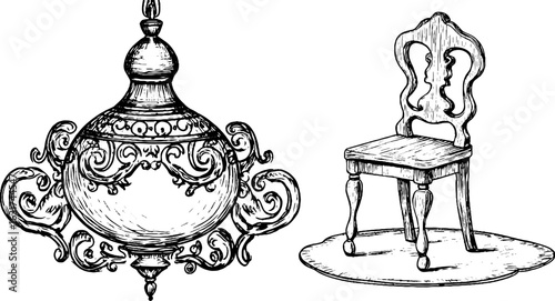 Vintage hand drawn engraved illustration set of pendant lamp and antique chair for retro design