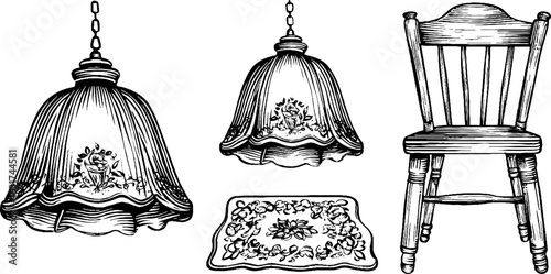 Vintage pendant lamps and dining chair engraving for retro decor design