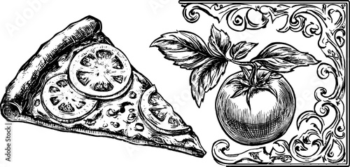 Vintage engraving of pizza slice and tomato with ornate border for culinary art design