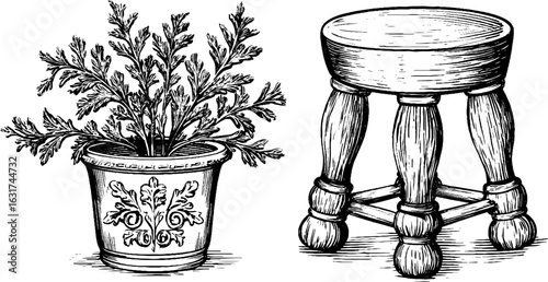 Vintage engraved illustration set of plant stand and pot for retro decor