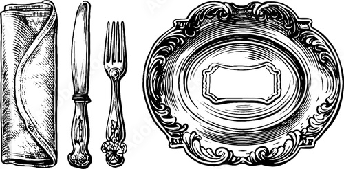 Vintage dining set engraving with plate, knife, fork, and napkin for retro decor and design