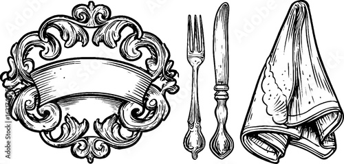 Vintage dining essentials set with ornate frame, fork, knife, and napkin sketch for retro design