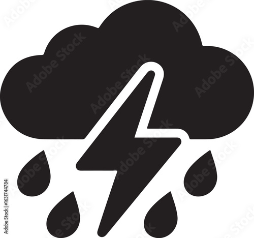 Black and white weather icon featuring a rain cloud with lightning bolt and raindrops symbolizing stormy weather conditions and severe weather events