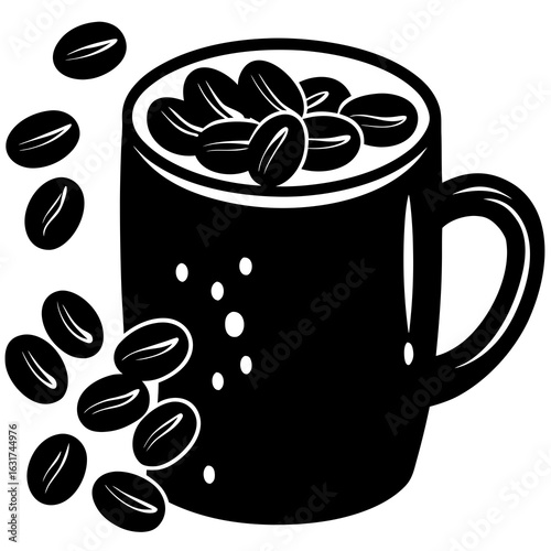 Mug with Coffee Beans Vector | Generative AI Linocut Silhouette Design