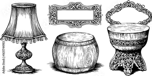Vintage engraved illustration set of decorative rug and stool designs for retro home decor