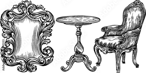 Vintage hand-drawn engraved set of ornate mirror, table, and chair for retro design