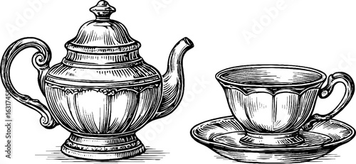 Vintage engraved illustration set of teapot and cup for retro kitchen decor