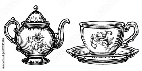 Vintage tea time elegance: engraved teapot and cup set design for classic decor