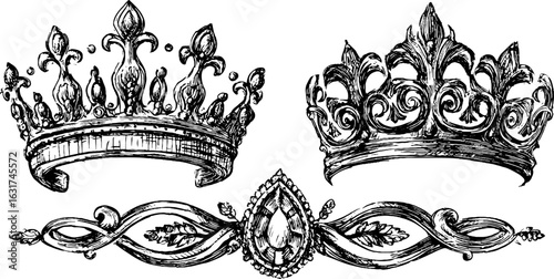 Vintage engraved tiara and gem collection for design use