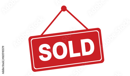Bright red rectangular sign with white letters announcing sold hanging by a string against a white background