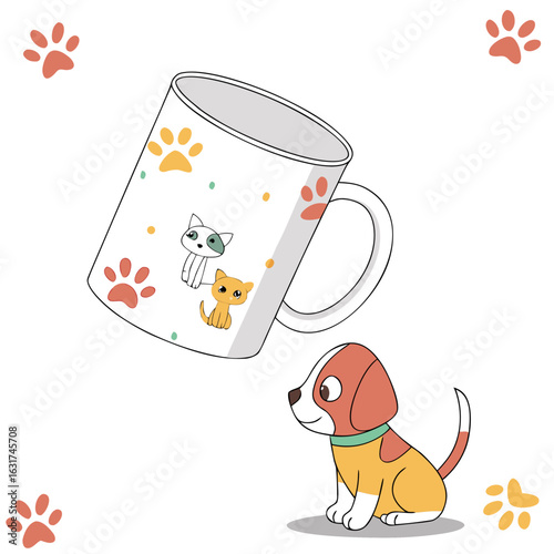 Mug with Cute Animal Print Vector | Generative AI & Linocut Silhouette Design