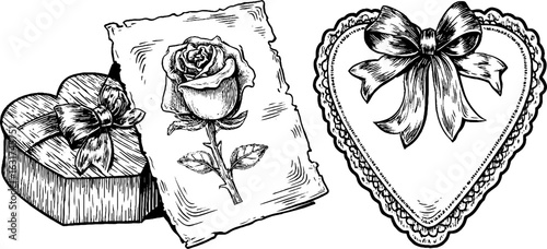 Vintage valentine card set with engraved heart and rose illustrations for romantic design