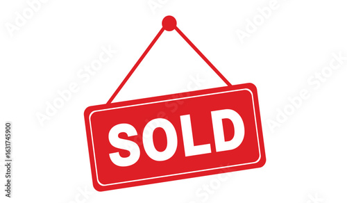Bright red rectangular sign with the word sold in large white capital letters hanging from a string against a white background