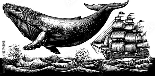 Vintage engraving of whale and ship on ocean waves - retro nautical design for art prints