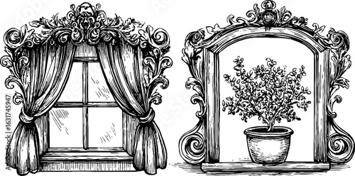 Vintage engraved illustrations of ornate window and curtain design with plant decor element