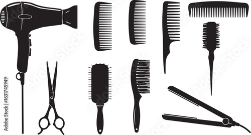 Black Silhouettes of Hair Styling Tools and Accessories hairdryer comb