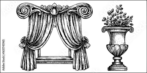 Vintage engraved illustration set of window curtains and ornate vase design