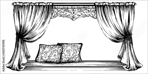 Vintage engraved illustration of window seat with cushions and curtains for interior design