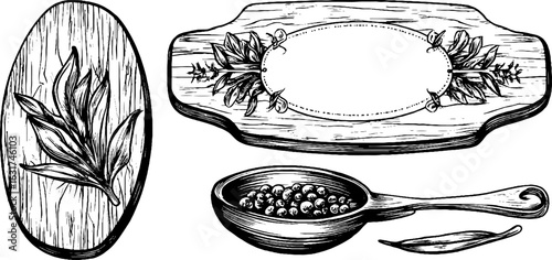 Vintage hand drawn engraving of wooden boards and spice bowl art for retro design
