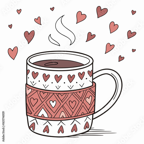 Mug with Heart Pattern Wrap Vector | Generative AI Linocut Silhouette Design