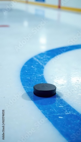 Blue line markings on ice, hockey puck nearby , rink, blue, ice
