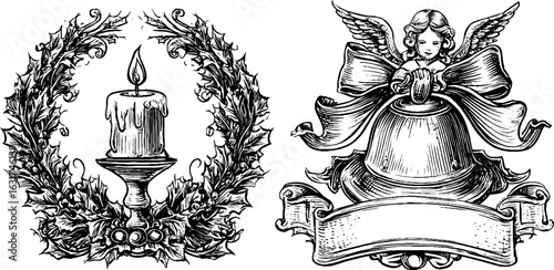Vintage holiday wreath and candle with angel design for cards or posters