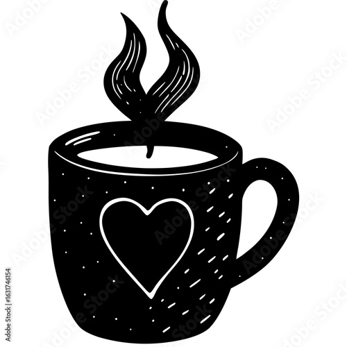Mug with Heart Shaped Steam Vector – Generative AI & Linocut Silhouette Design