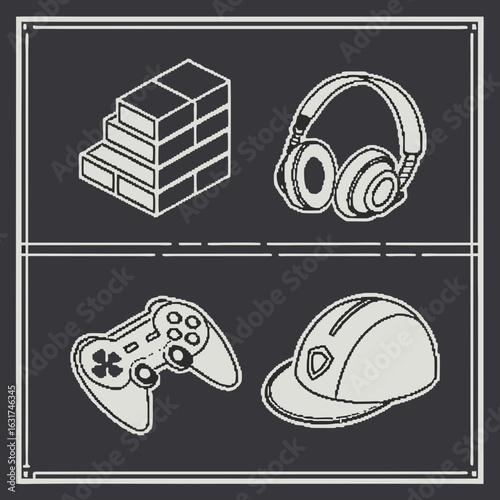 Isometric icons collection representing gaming and construction. Line art set with controller, headphones, bricks, and hard hat.