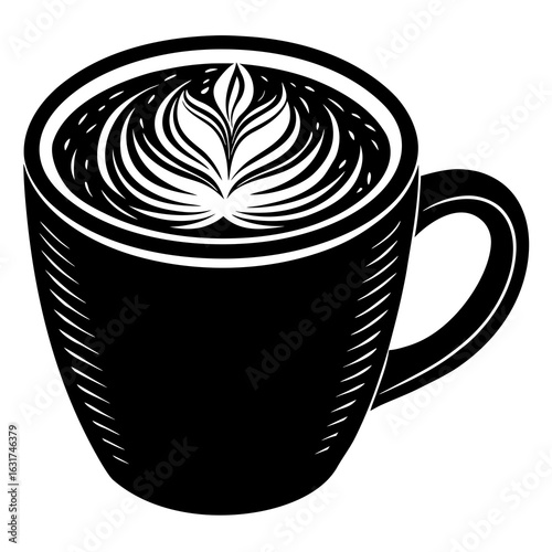Mug with Latte Art Vector | Generative AI Linocut Silhouette Coffee Design