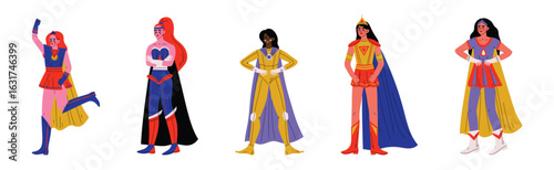 Strong Girl in Heroine Costume with Cloak Vector Set