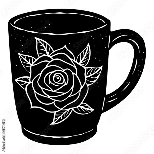 Mug with Rose Design Vector – Generative AI Linocut Silhouette Art