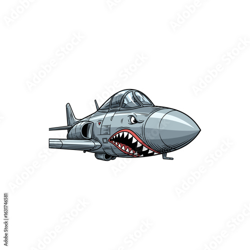 Vintage fighter plane with shark vinyl icon logo flat vector design