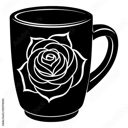 Mug with Rose Design Vector – Generative AI Linocut Silhouette Art