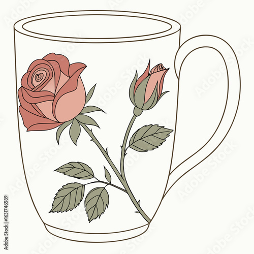 Mug with Rose Design Vector – Generative AI Linocut Silhouette Art