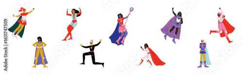 Strong Girl in Heroine Costume with Cloak Vector Set