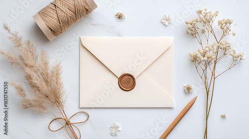 Elegant envelope with wax seal and dried flowers on a white marble background. Flat lay, top view, perfect for vintage or romantic themes.